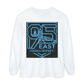White long sleeve tee with bold '95 East YorkxJersey' graphic, featuring city skyline and bridge design in blue.