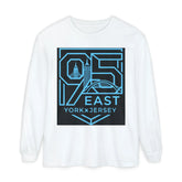 White long sleeve tee with bold '95 East YorkxJersey' graphic, featuring city skyline and bridge design in blue.
