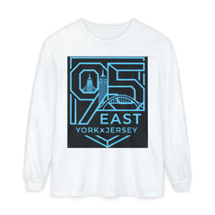 White long sleeve tee with bold '95 East YorkxJersey' graphic, featuring city skyline and bridge design in blue.