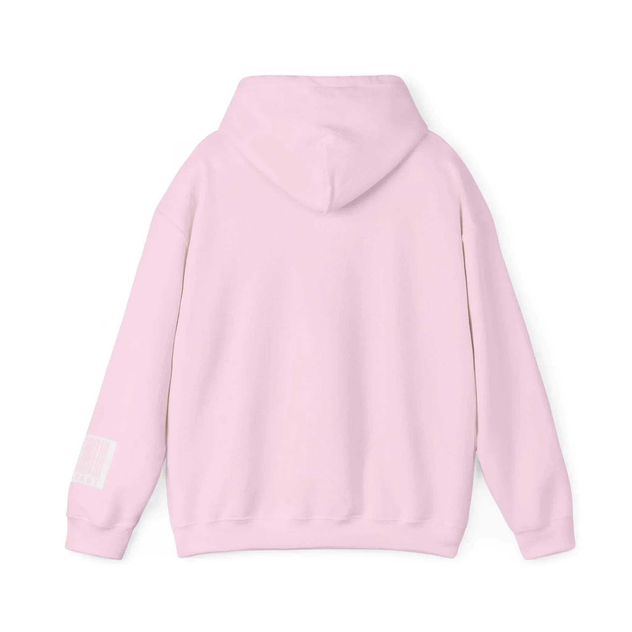 Light pink hoodie with hood, long sleeves, and white tag graphic on left sleeve back view