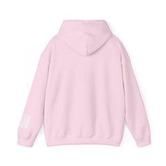 Light pink hoodie with hood, long sleeves, and white tag graphic on left sleeve back view