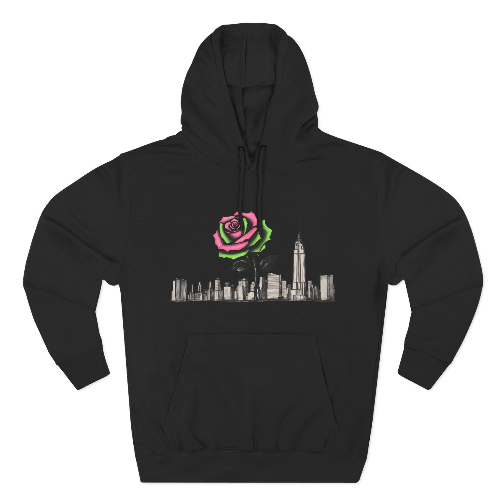 Black hoodie with pink rose graphic over city skyline, barcode detail on sleeve