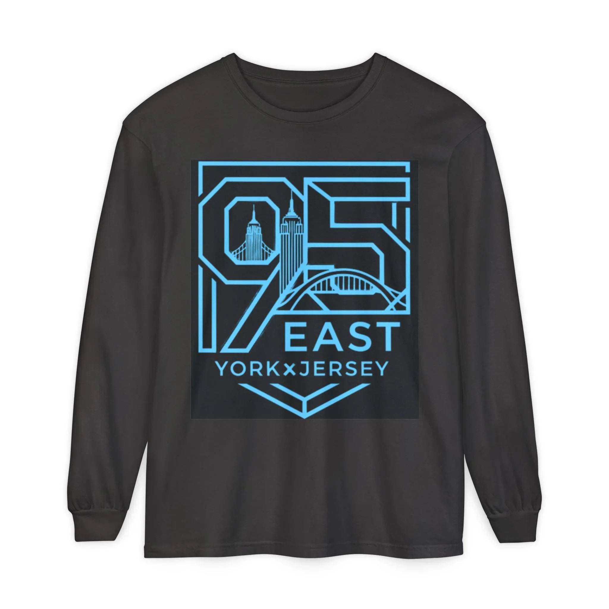 Black long-sleeve shirt with blue '95 East YorkxJersey' graphic featuring city skyline and bridge design