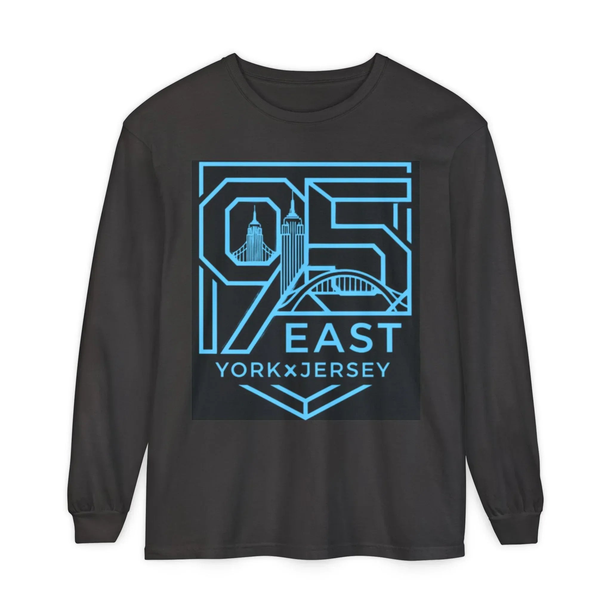 Black long-sleeve shirt with blue '95 East YorkxJersey' graphic featuring city skyline and bridge design