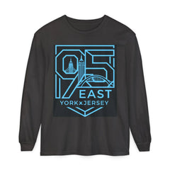 Black long-sleeve shirt with blue '95 East YorkxJersey' graphic featuring city skyline and bridge design
