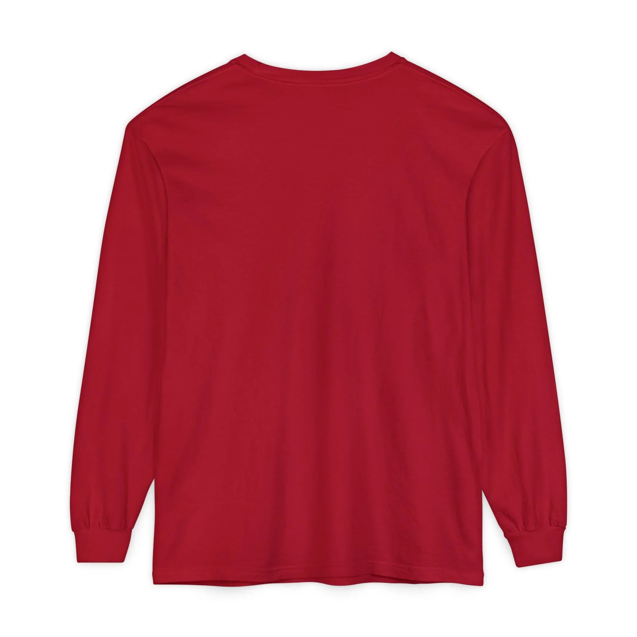 Solid red long sleeve shirt, back view, plain design