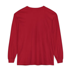 Solid red long sleeve shirt, back view, plain design