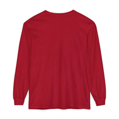 Solid red long sleeve shirt, back view, plain design