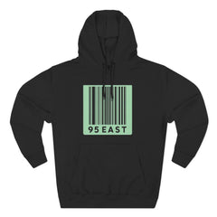 Black hoodie with mint green barcode design and 95 EAST text, modern streetwear style