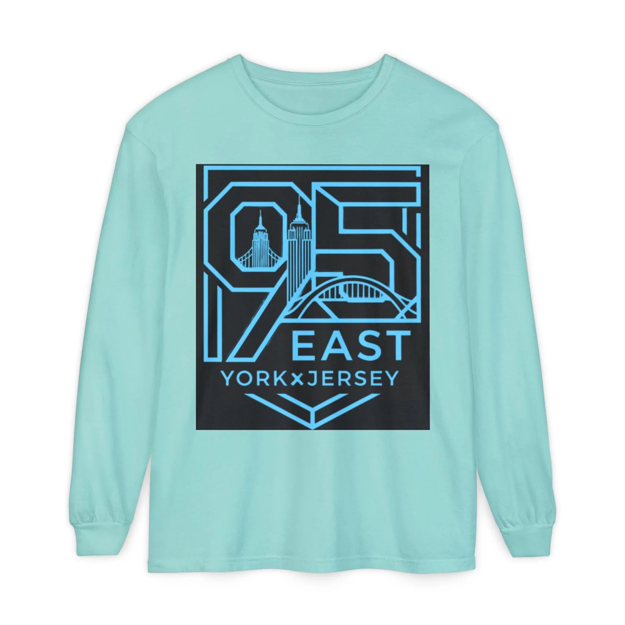Mint long sleeve tee with bold '95 East YorkxJersey' graphic, featuring city skyline design for East Coast style.