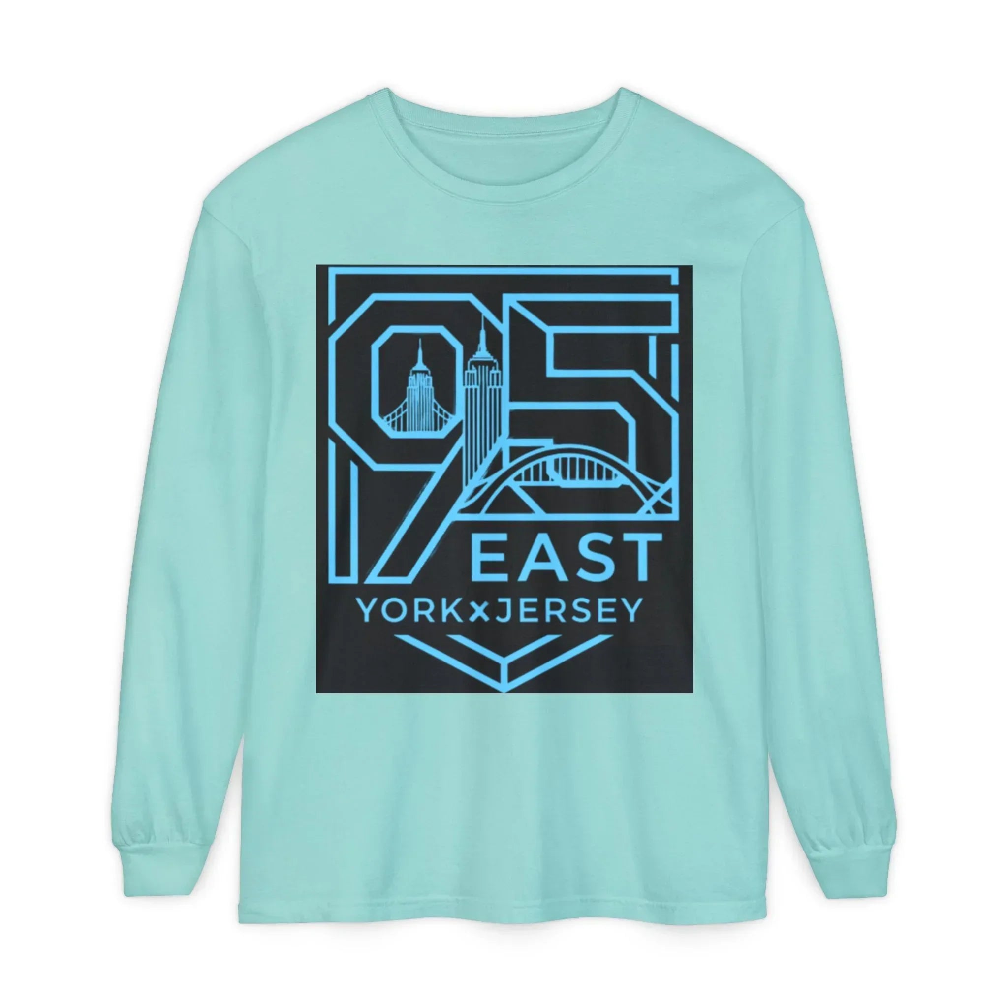 Mint long sleeve tee with bold '95 East YorkxJersey' graphic, featuring city skyline design for East Coast style.