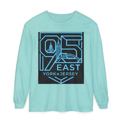 Mint long sleeve tee with bold '95 East YorkxJersey' graphic, featuring city skyline design for East Coast style.
