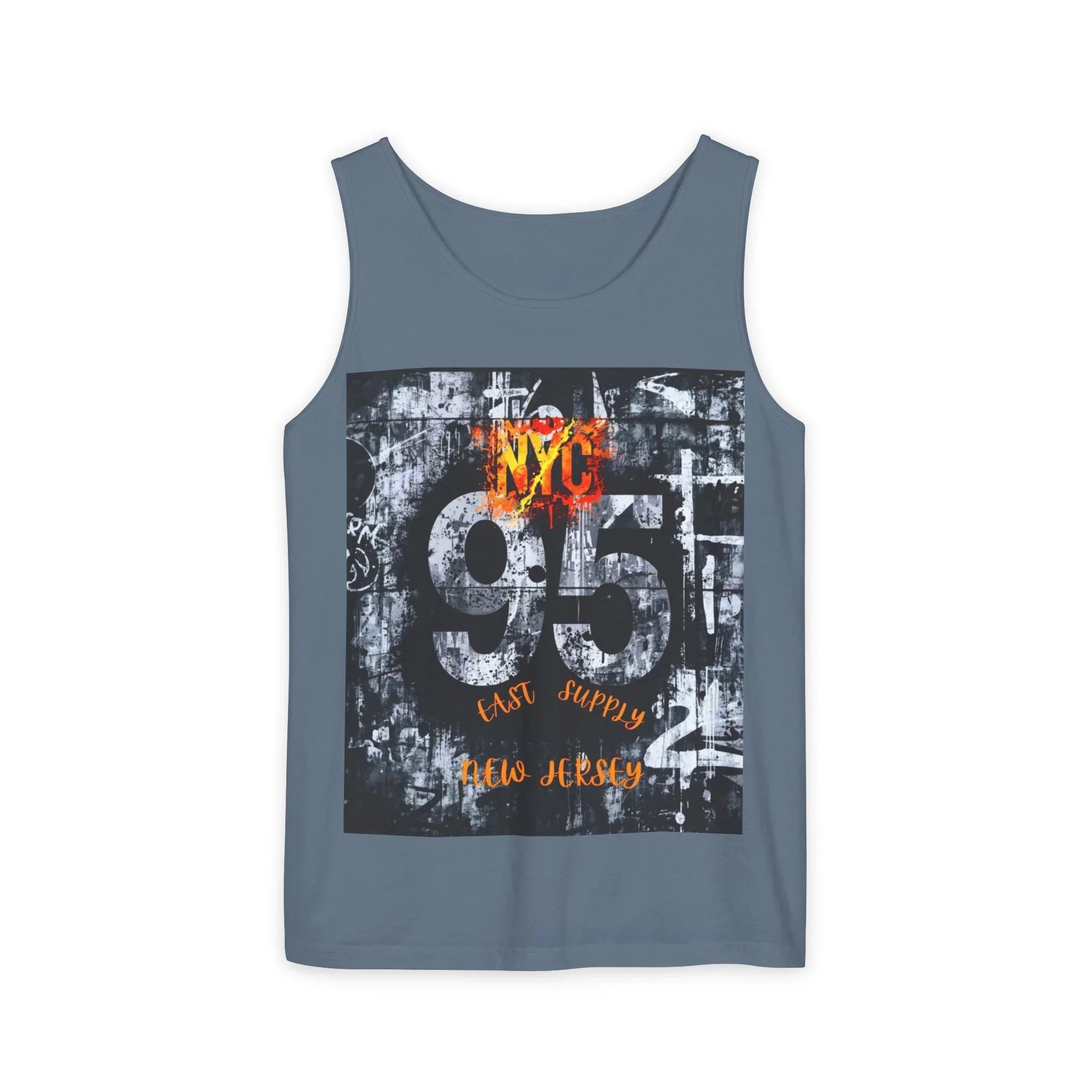 Gray tank top with bold '95' graphic, NYC flame design, and 'East Supply New Jersey' text