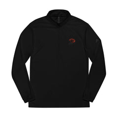 Black quarter-zip long sleeve shirt with a red rose graphic on the chest