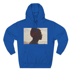 Blue hoodie with profile photo of man in orange beanie and red 'W.A.H.' text on chest