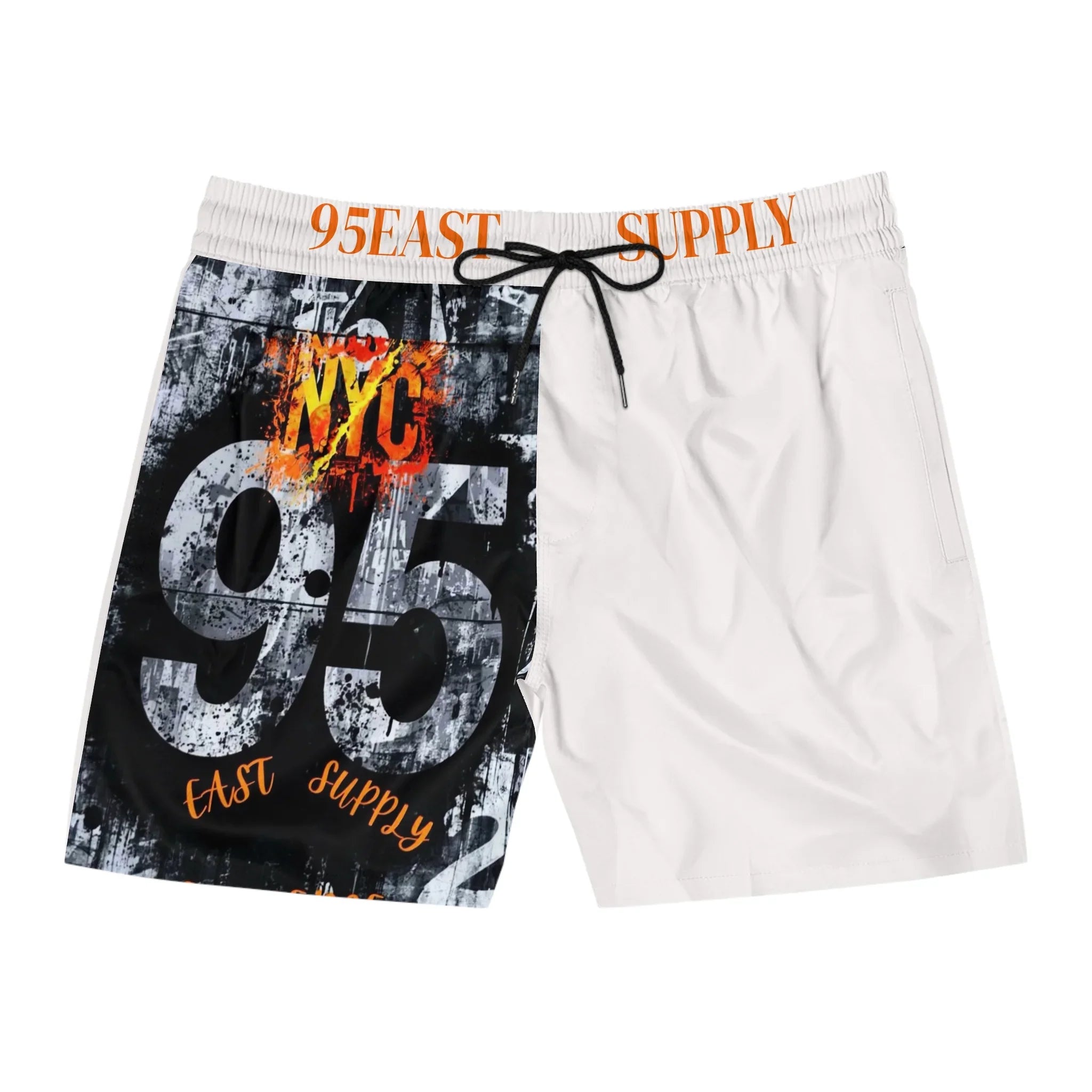 White swim trunks with bold NYC 95 graphic, black drawstring, and 95EAST SUPPLY waistband print