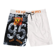 White swim trunks with bold NYC 95 graphic, black drawstring, and 95EAST SUPPLY waistband print