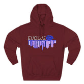 Maroon hoodie with 'EVOLVE' and blue rose graphic on a white background