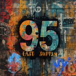 95 East Supply NYC graffiti art with bold numbers, urban street style, and vibrant cityscape design