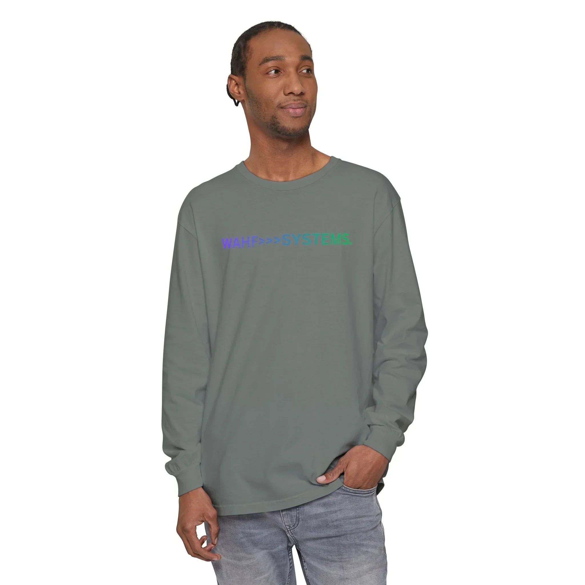 Man wearing gray long sleeve shirt with WAHF>>>SYSTEMS. text, casual modern fashion.