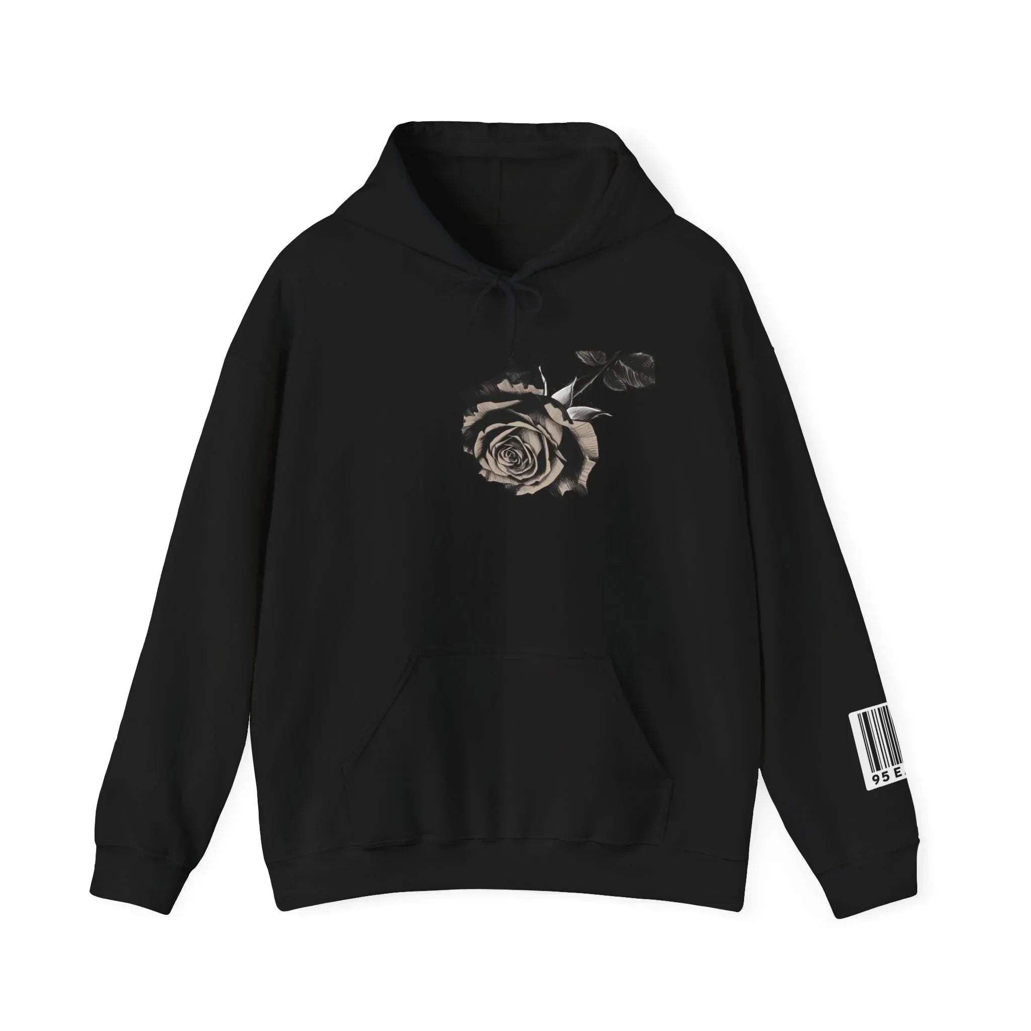 Black hoodie with a realistic rose graphic on the chest and barcode detail on the sleeve