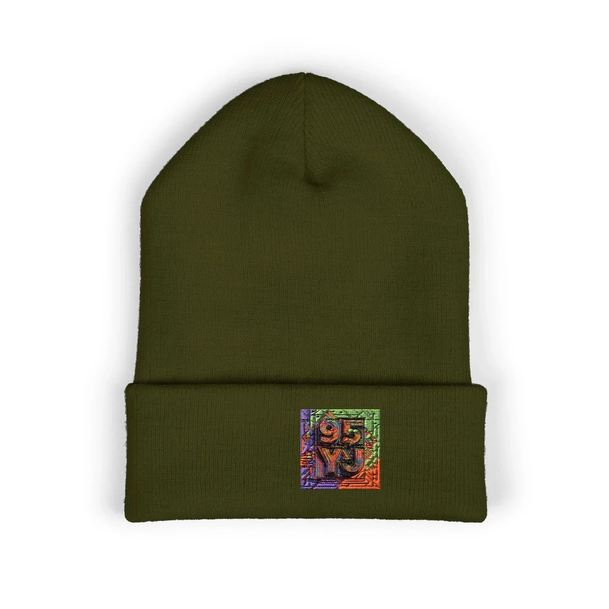 Olive green beanie with colorful embroidered patch on front fold, minimalist design