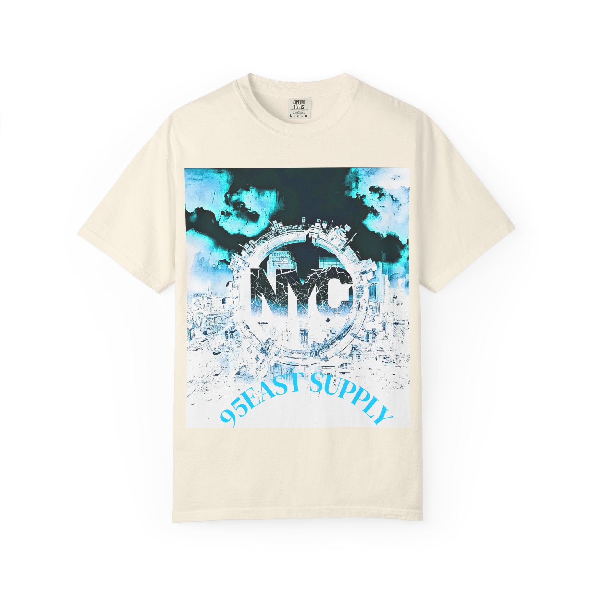 Cream NYC graphic tee with city skyline and 95EAST SUPPLY text, urban streetwear style
