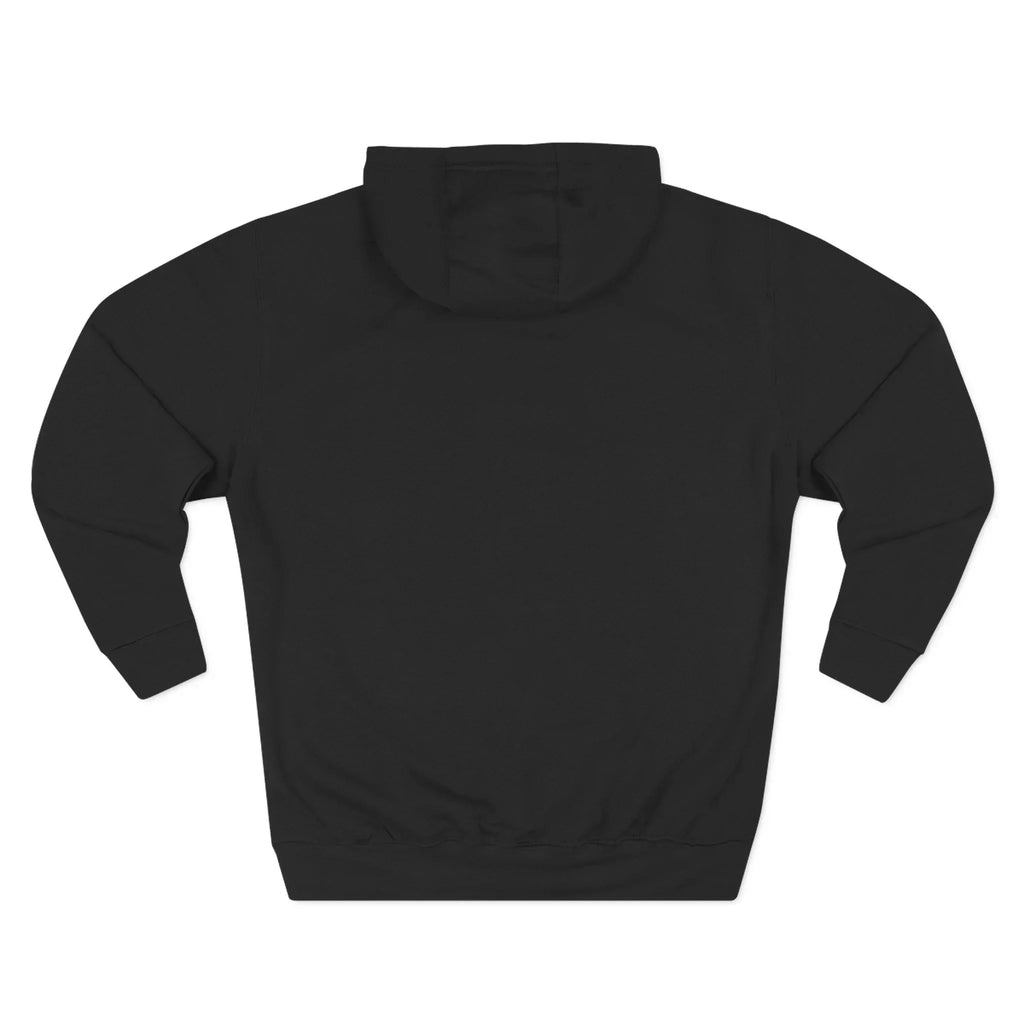 Back view of plain black hooded sweatshirt with long sleeves and ribbed cuffs