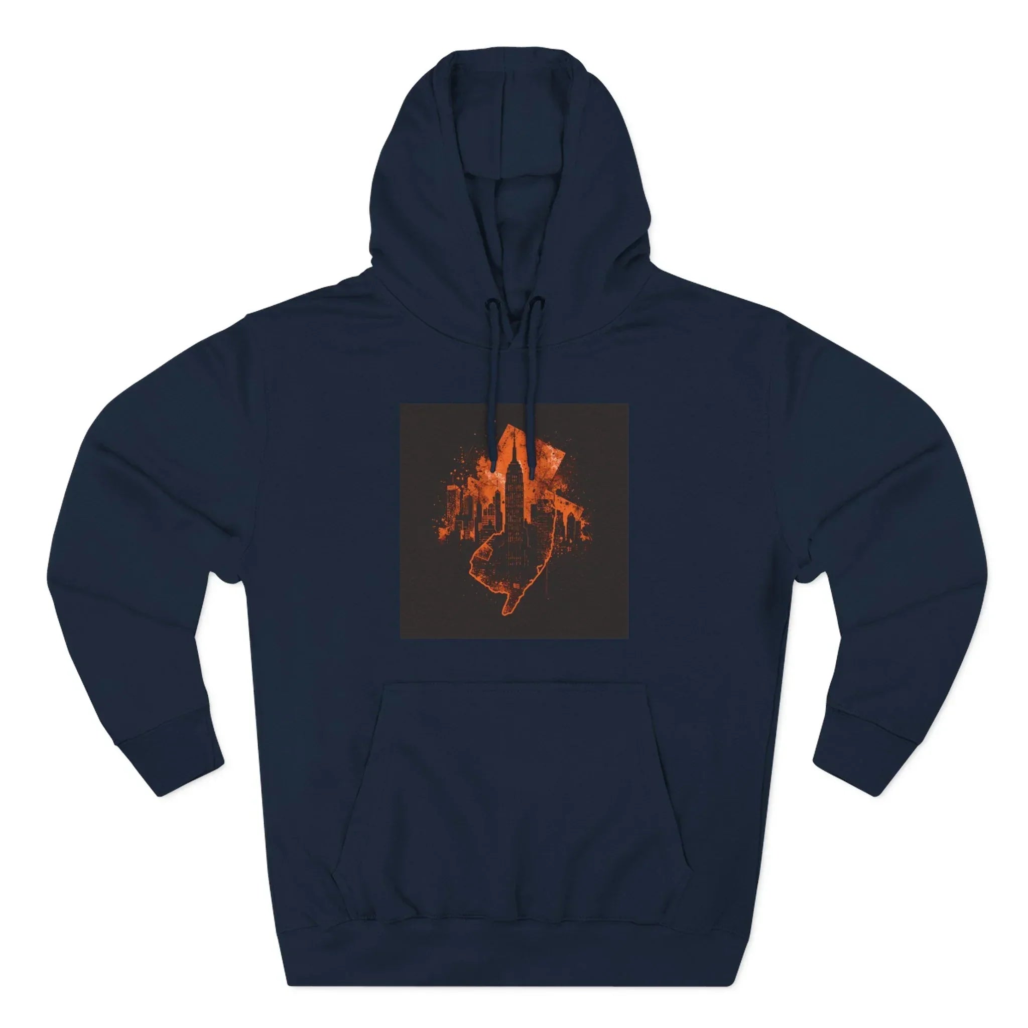 Navy hoodie with orange urban skyline and hand graphic on front