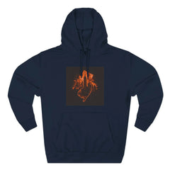 Navy hoodie with orange urban skyline and hand graphic on front