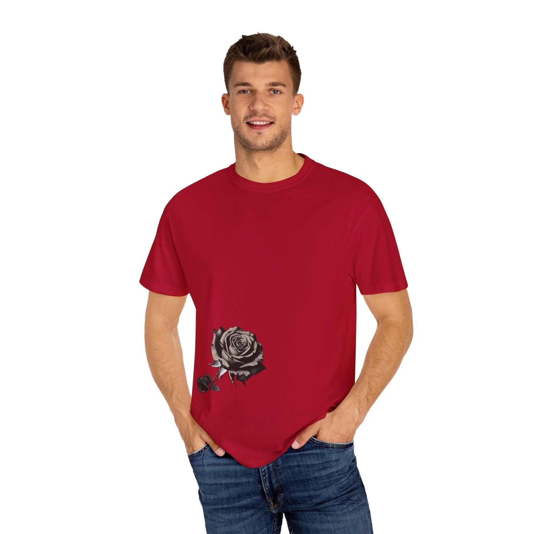Man wearing a red t-shirt with a black rose graphic, casual style, white background