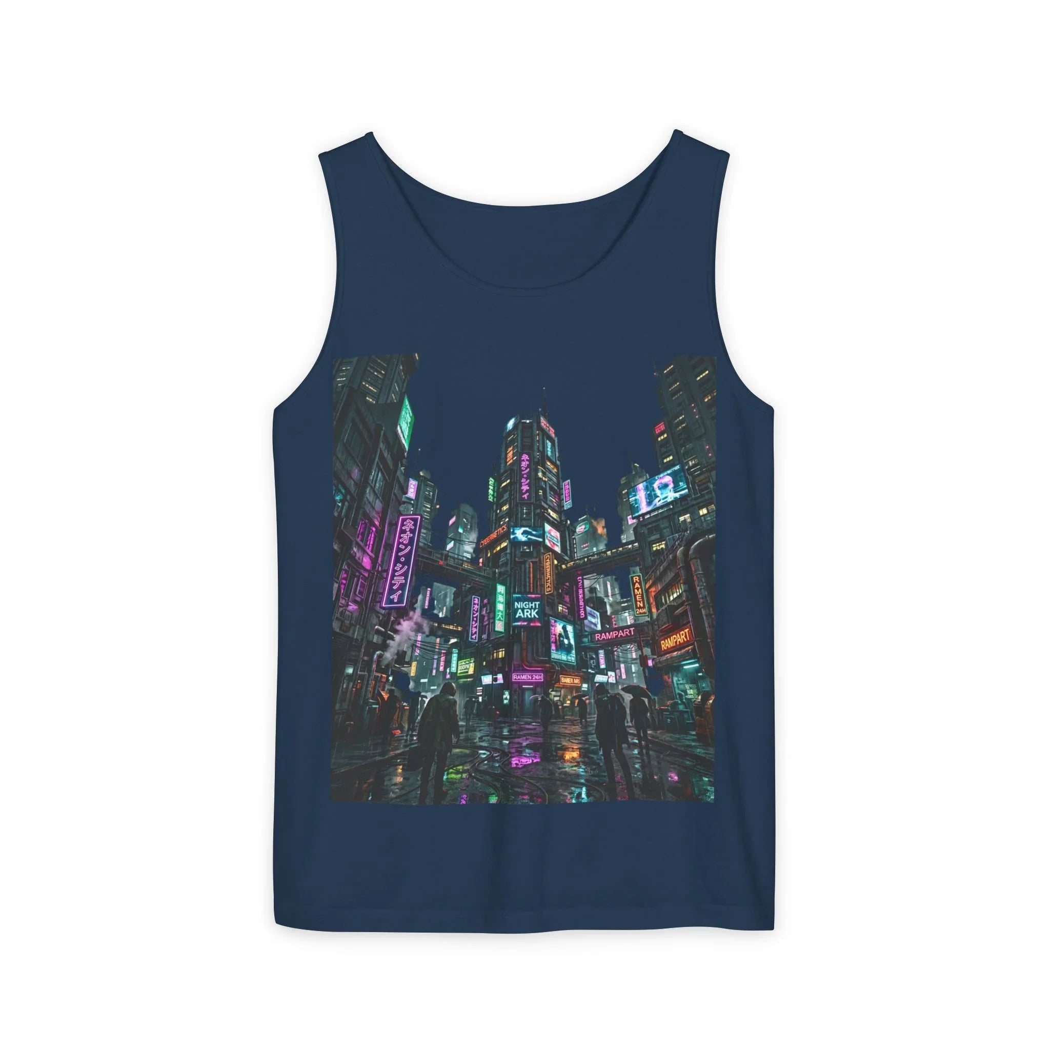 Navy blue tank top with a vibrant neon-lit cityscape graphic at night.