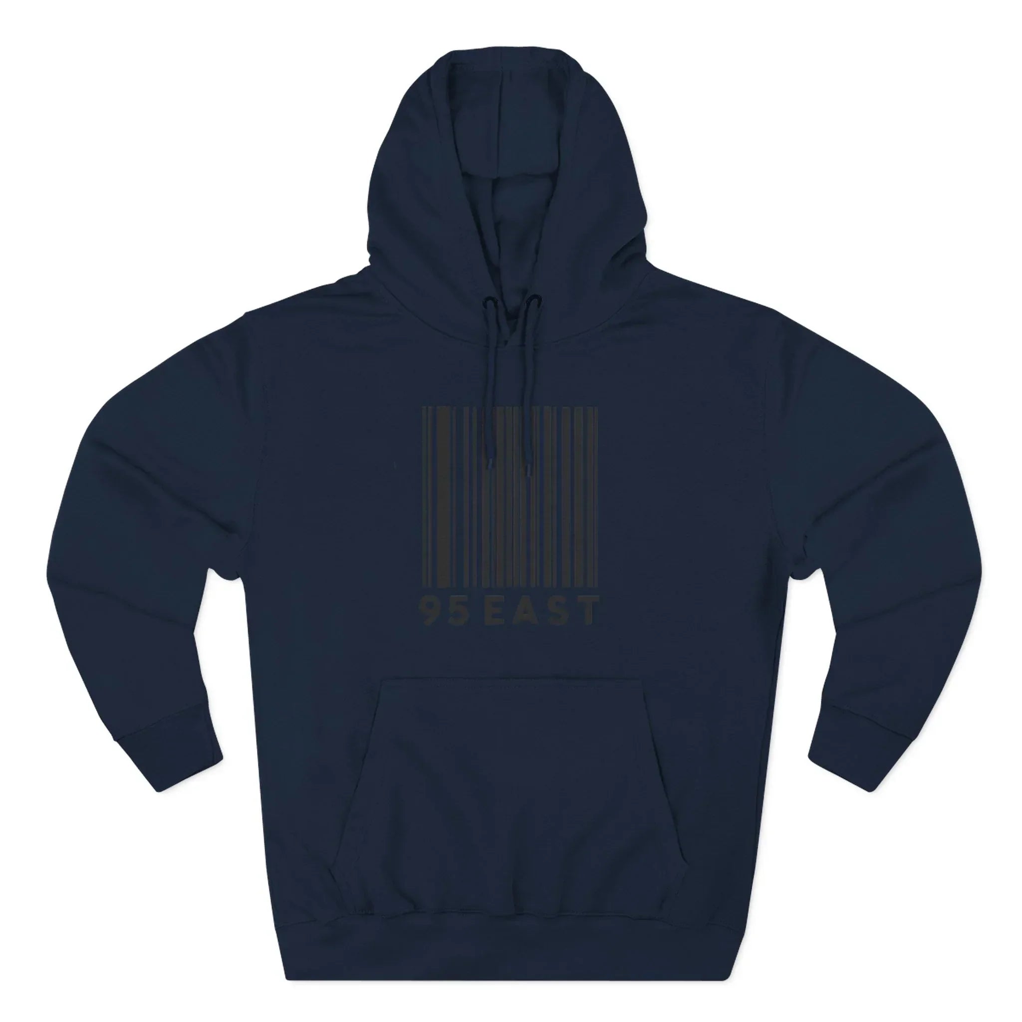Navy blue hoodie with barcode graphic and '95 EAST' text on front, streetwear fashion