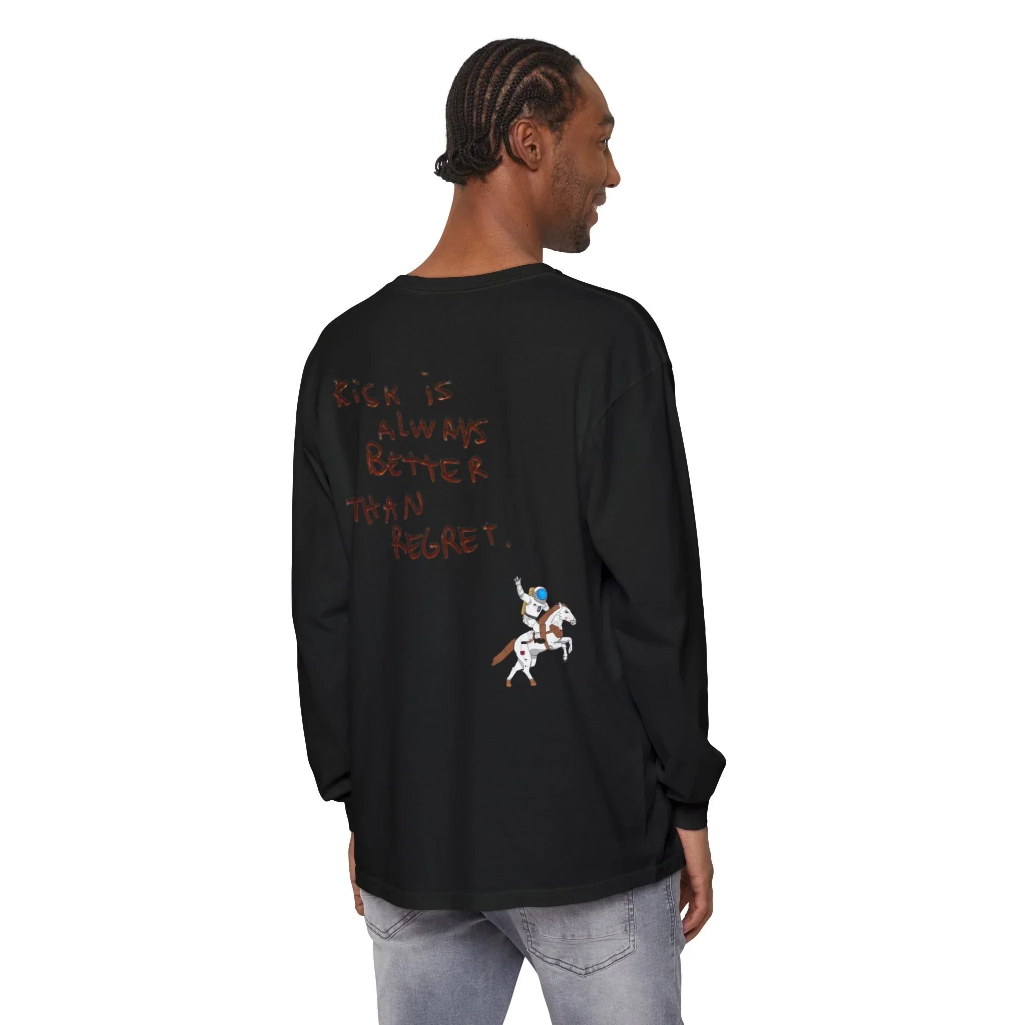 Black long sleeve hoodie with 'Risk is Always Better Than Regret' text and astronaut on horse graphic