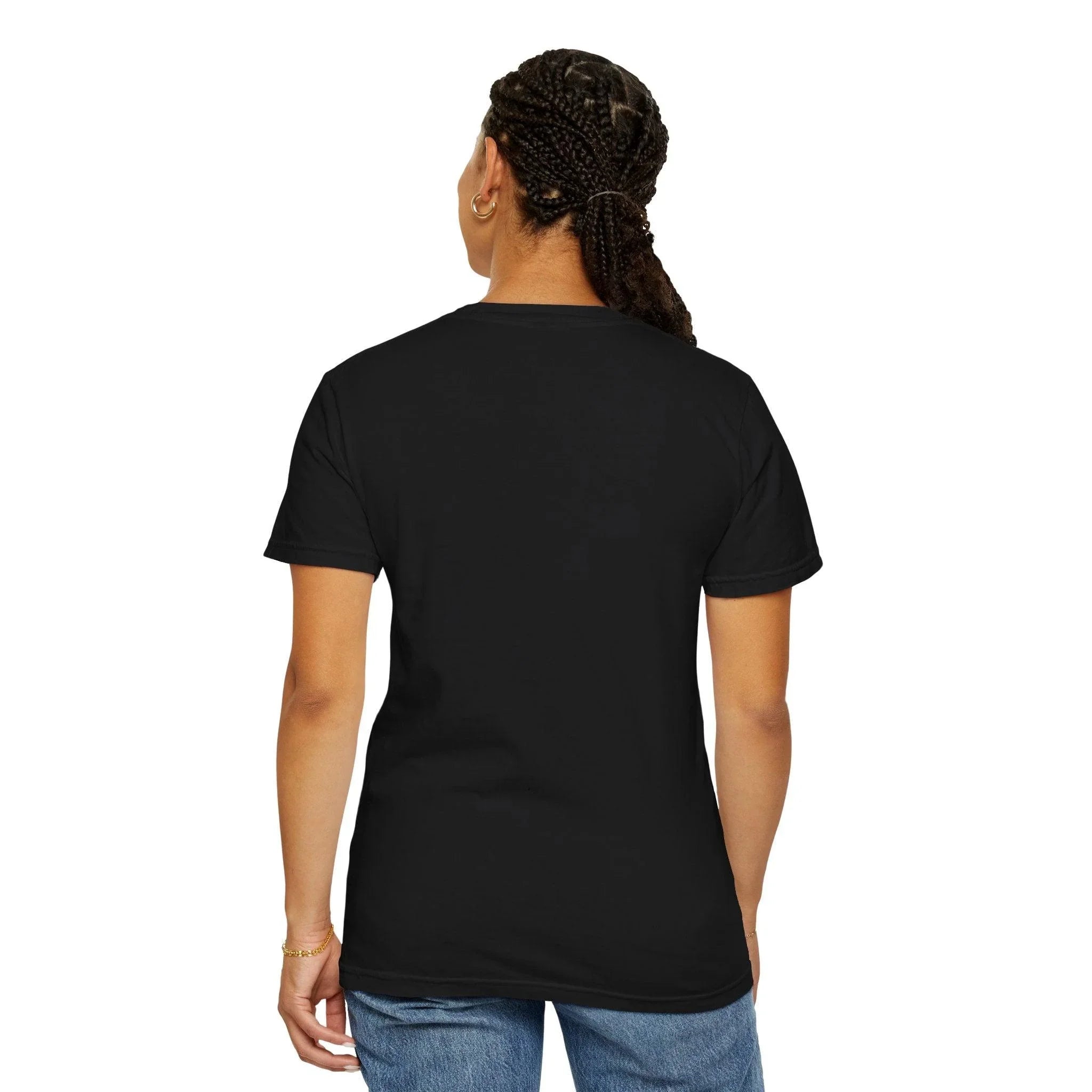 Black t-shirt worn by woman with braided hair, showcasing casual style and comfort