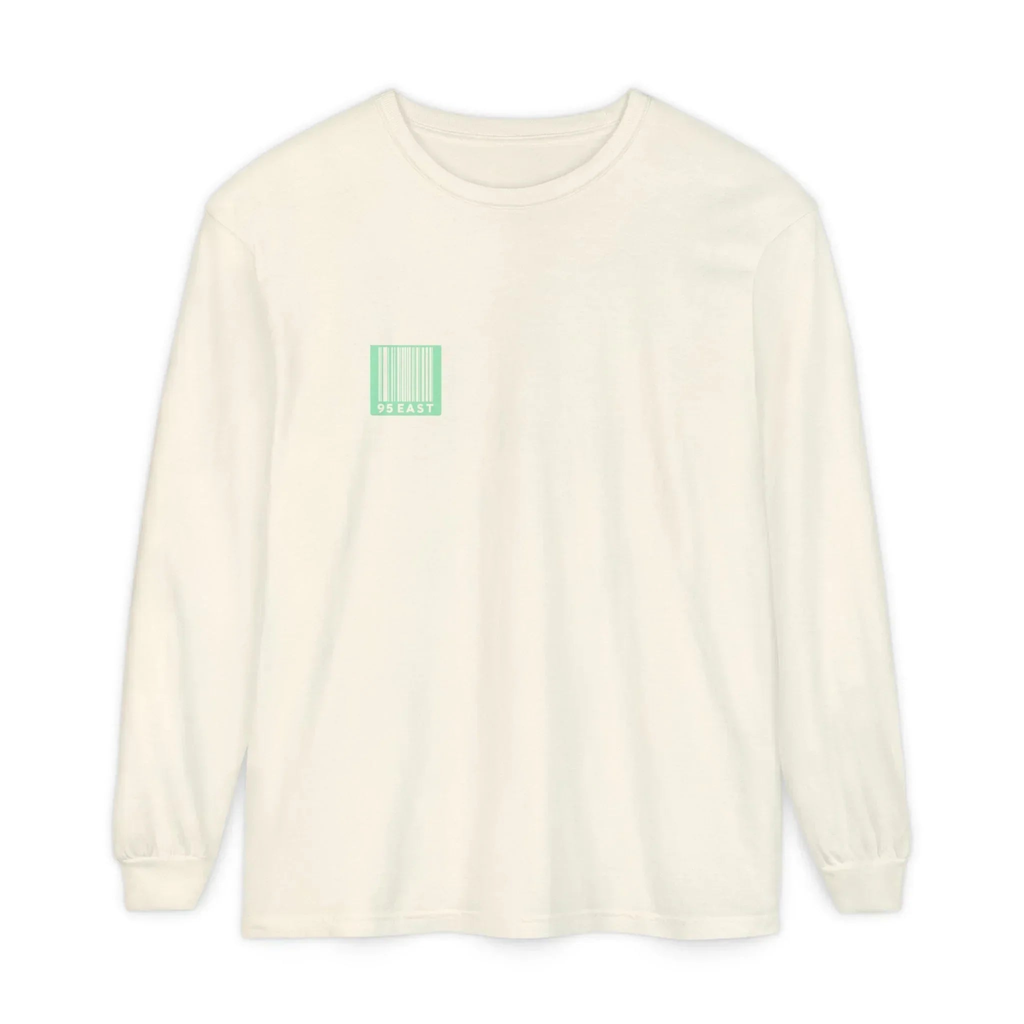 Cream long sleeve tee with mint barcode logo, modern East Coast style