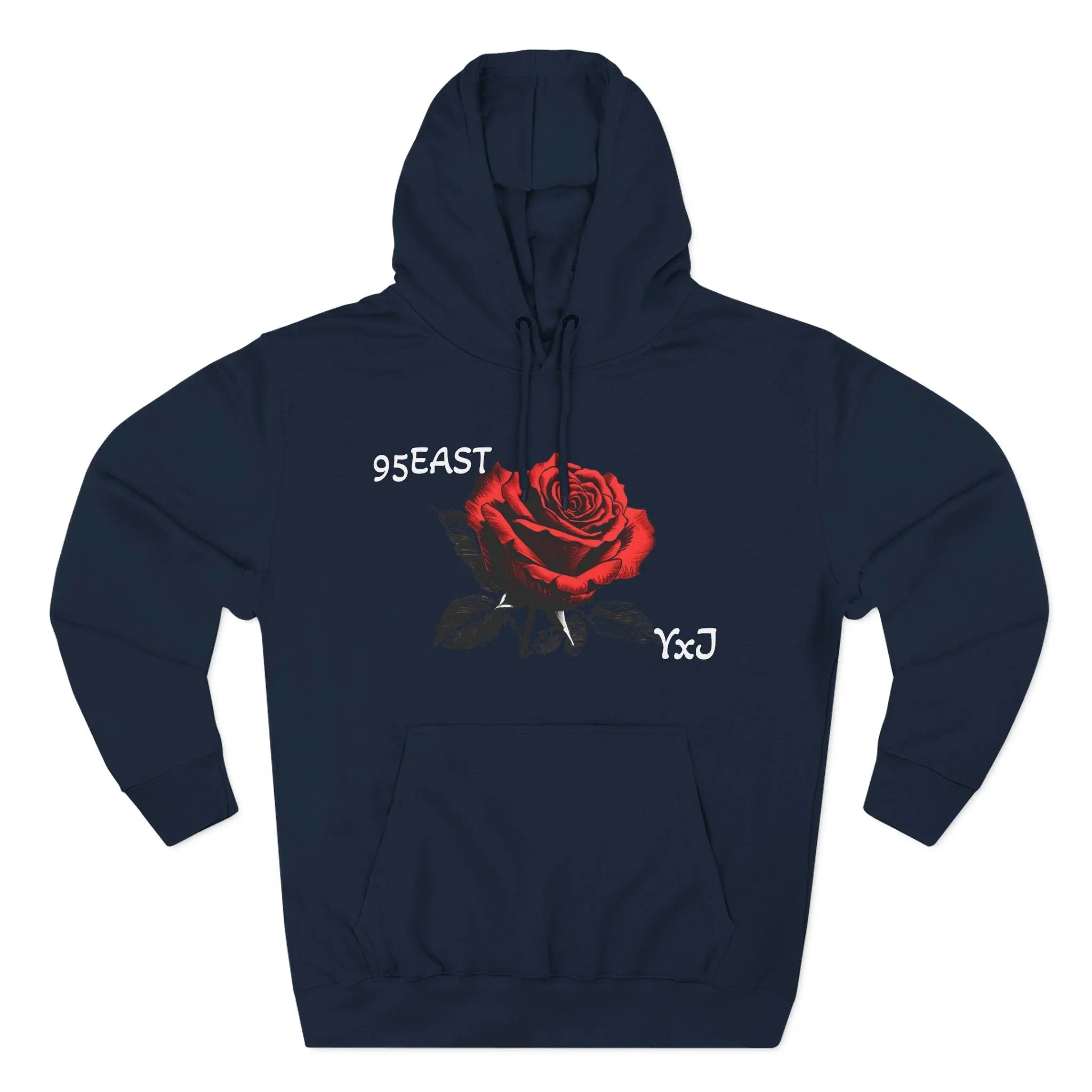 Black hoodie with red rose graphic and YxJ text, featuring 95EAST branding for East Coast streetwear style
