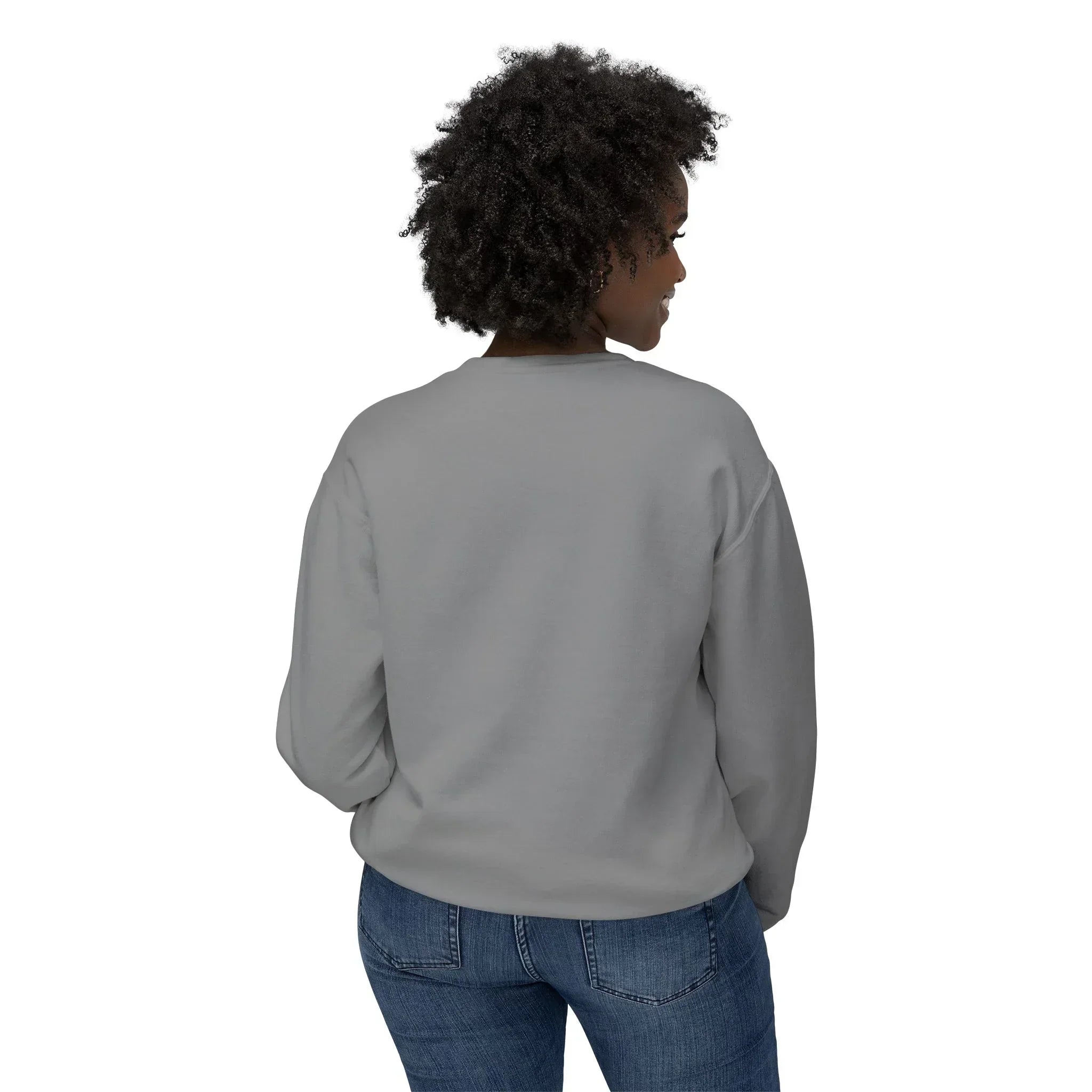 Woman in a plain gray sweatshirt and blue jeans, shown from the back on white background