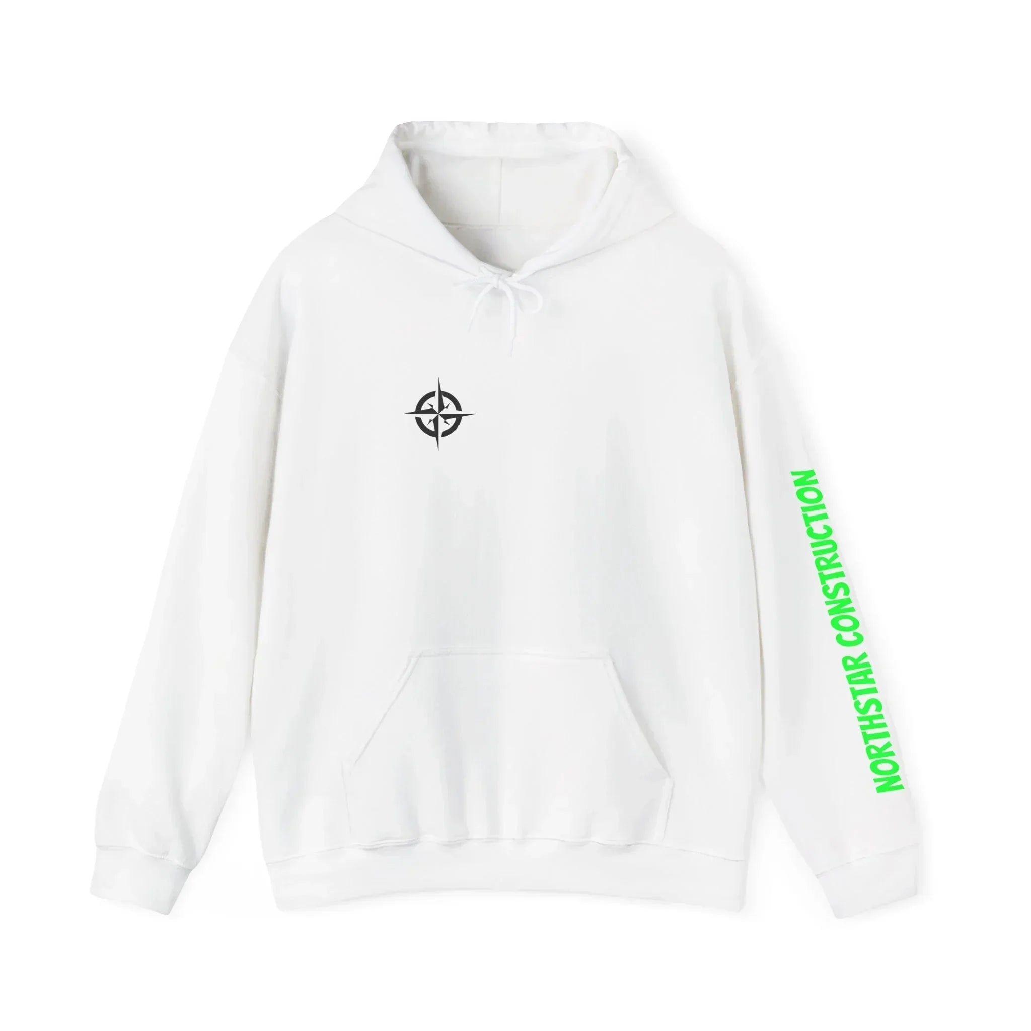 White hoodie with black compass logo and green 'NORTHSTAR CONSTRUCTION' sleeve text, modern streetwear design