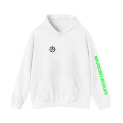 White hoodie with black compass logo and green 'NORTHSTAR CONSTRUCTION' sleeve text, modern streetwear design