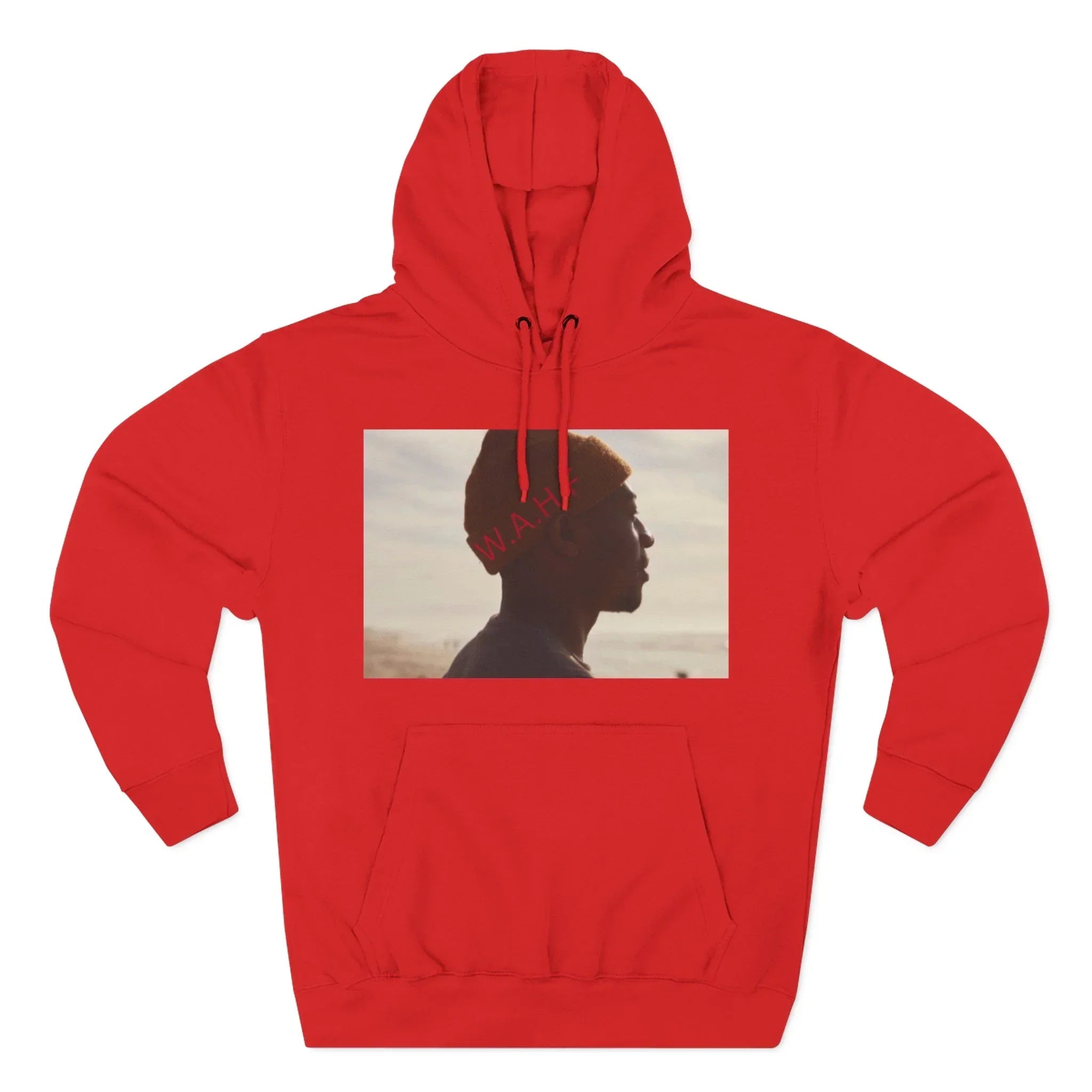 Red hoodie with a profile photo of a man in a beanie and 'W.A.H.' text on the front.