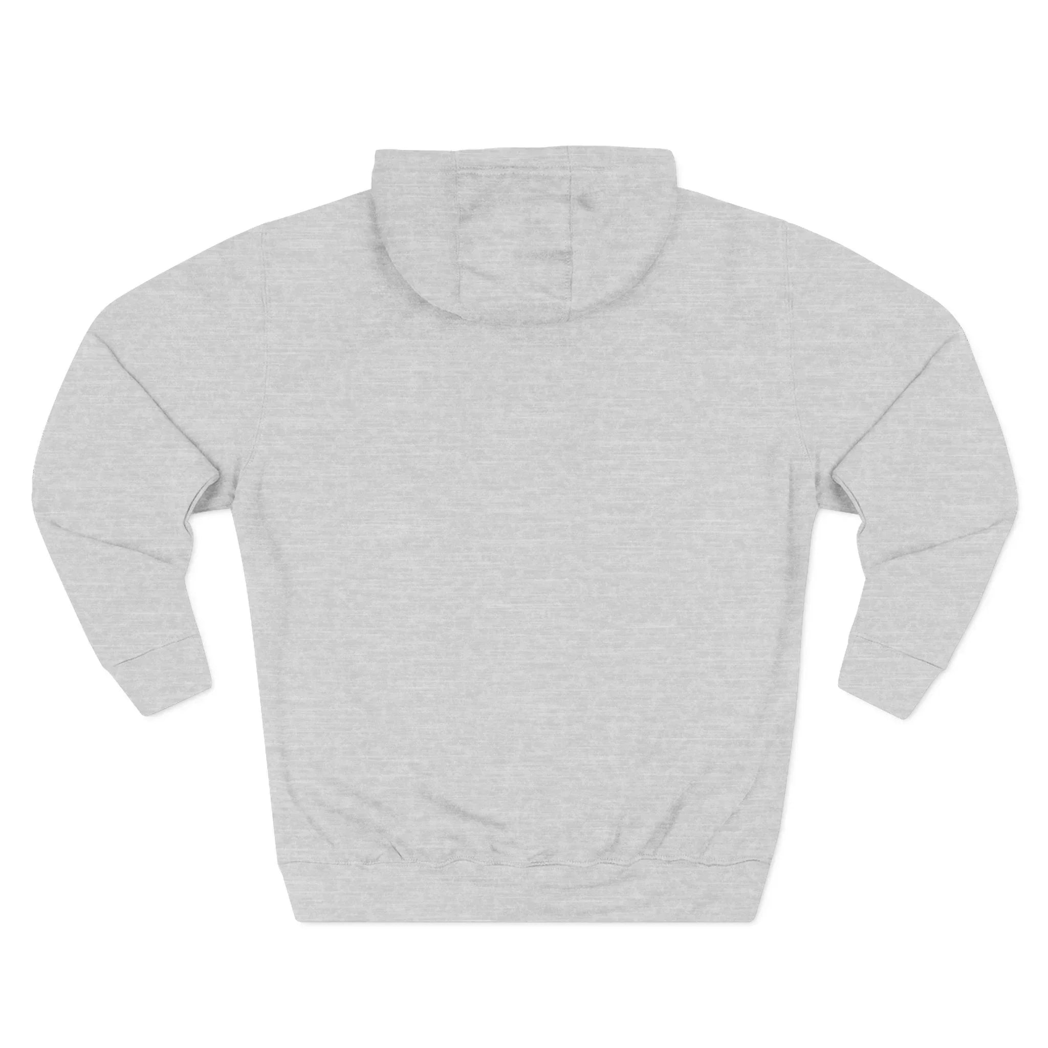 Back view of a plain light gray hooded sweatshirt with long sleeves on white background.