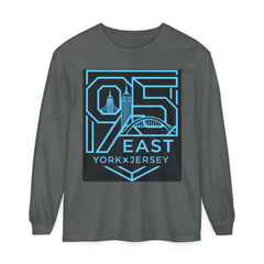 Dark gray long sleeve tee with blue '95 East YorkxJersey' graphic featuring city skyline design.