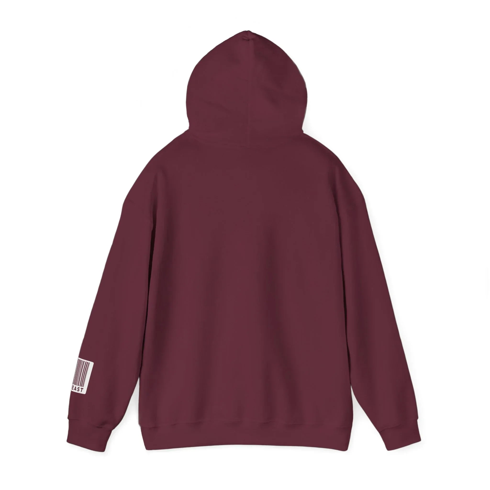 Back view of a maroon hoodie with barcode graphic on the left sleeve