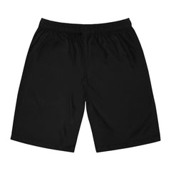 Black athletic shorts with elastic waistband, back view