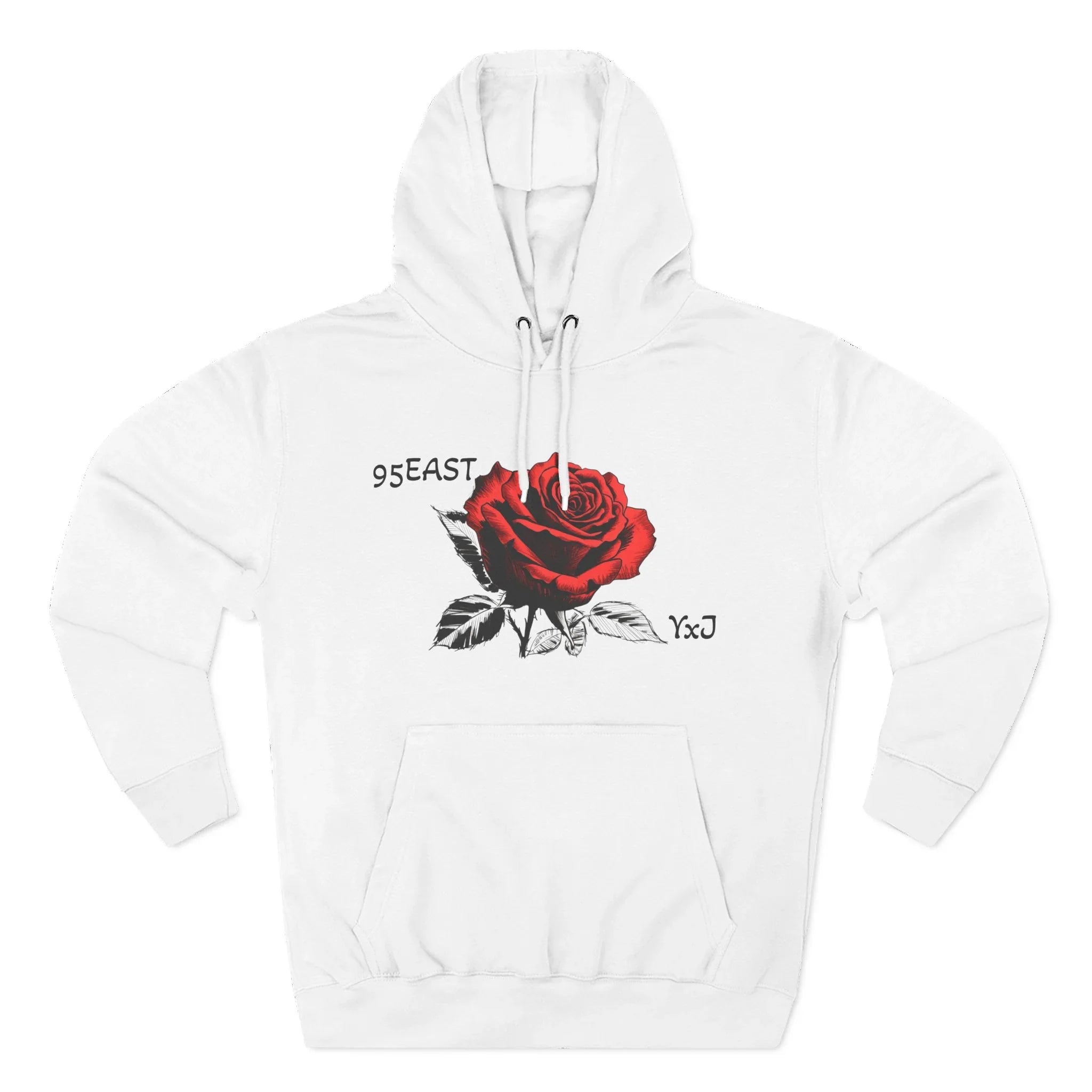 White hoodie with red rose graphic and 95EAST YxJ text, featuring front pocket and drawstring hood