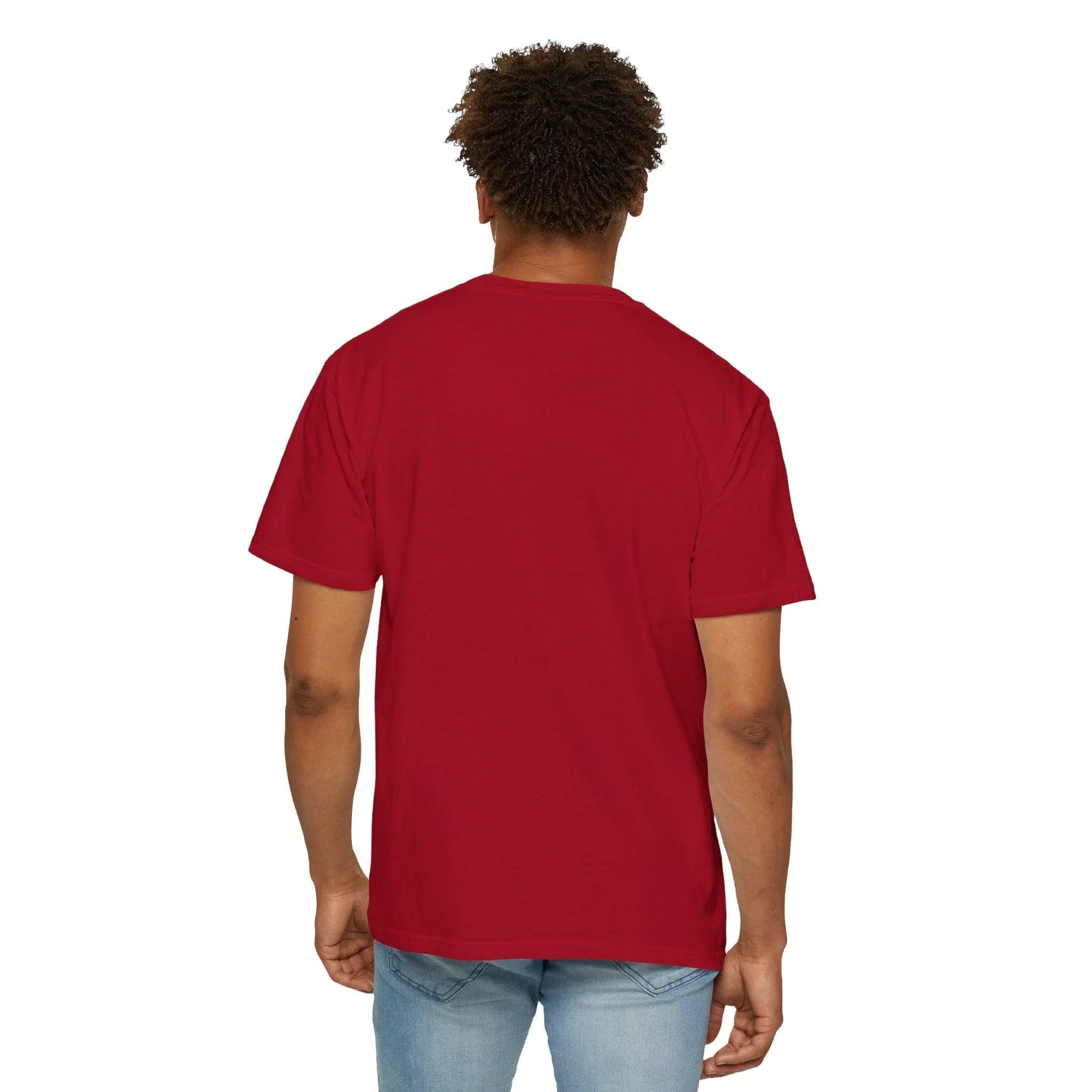Man wearing red crew neck t-shirt with jeans, back view, casual lifestyle apparel