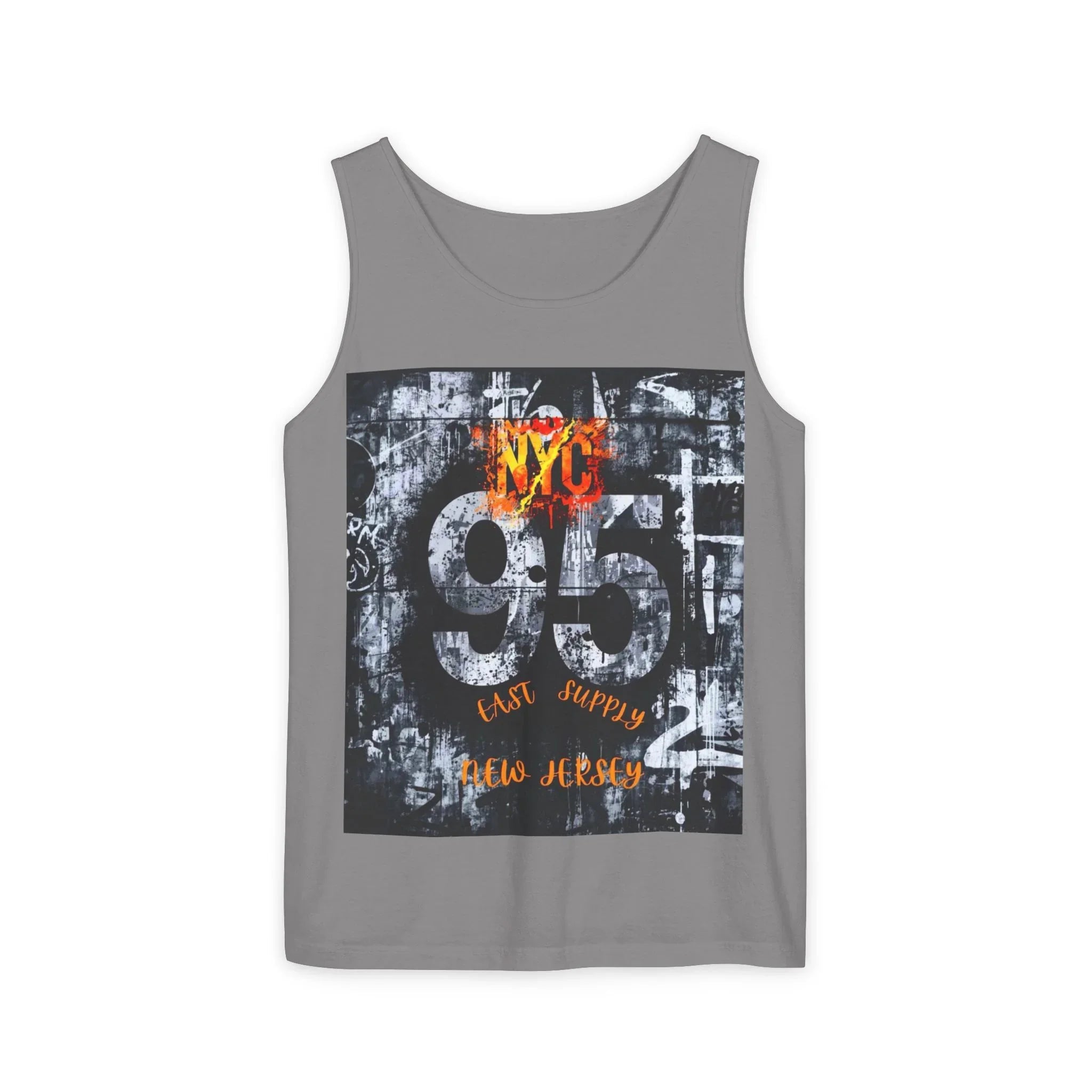 Gray tank top with bold '95' graphic, NYC flame design, and 'East Supply New Jersey' text