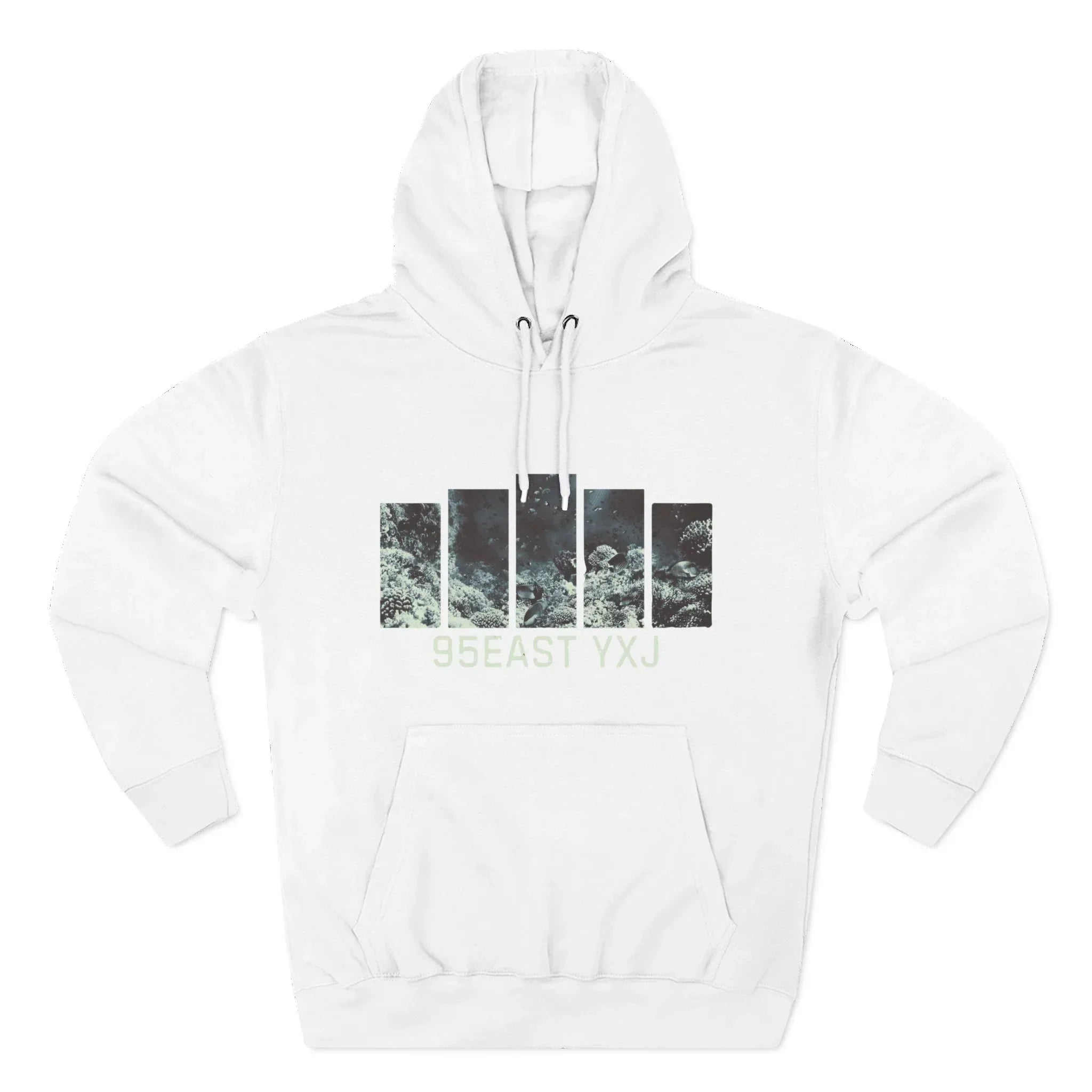 White hoodie with abstract ocean graphic and '95EAST YXJ' text on front