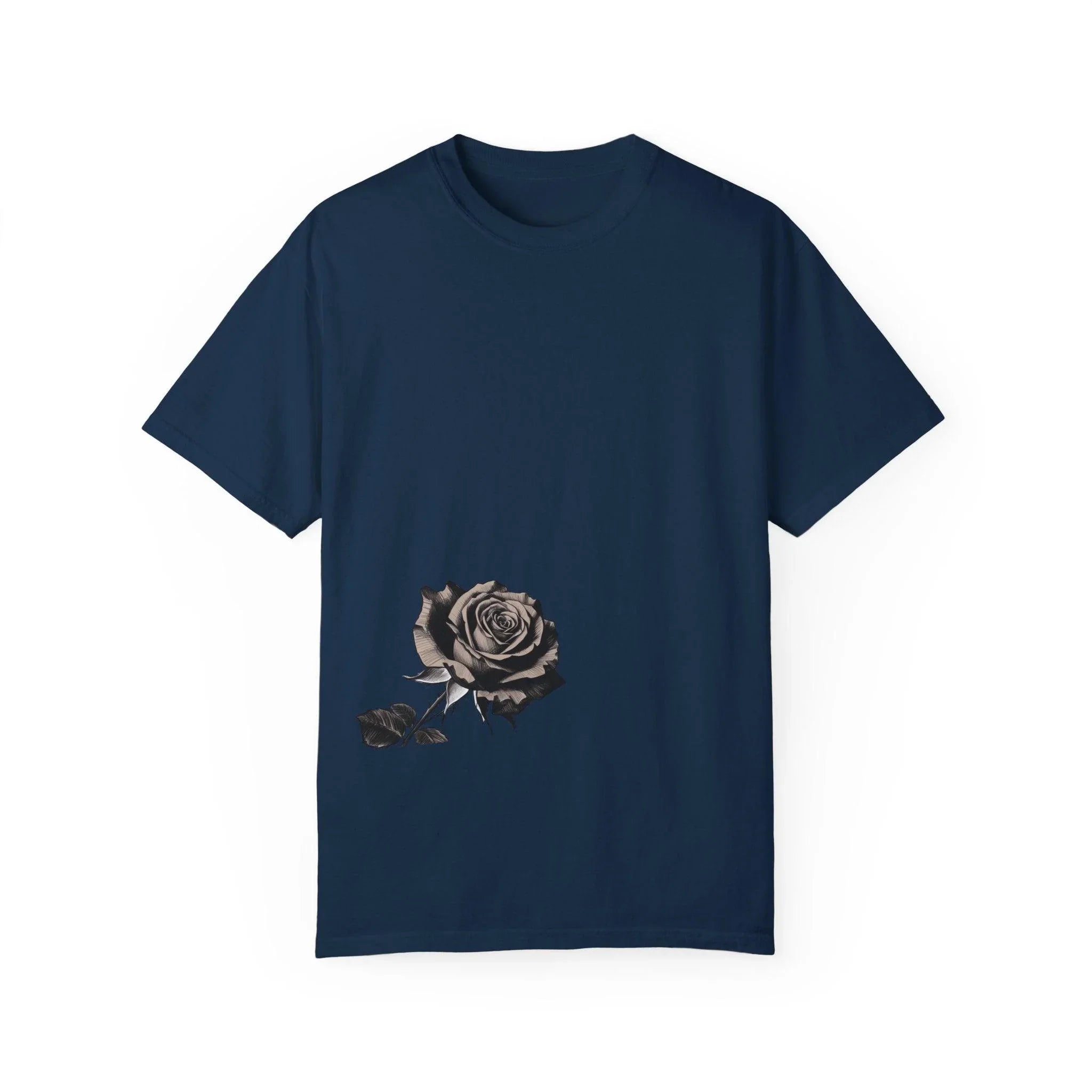 Navy blue t-shirt with vintage rose graphic, stylish streetwear design for everyday wear